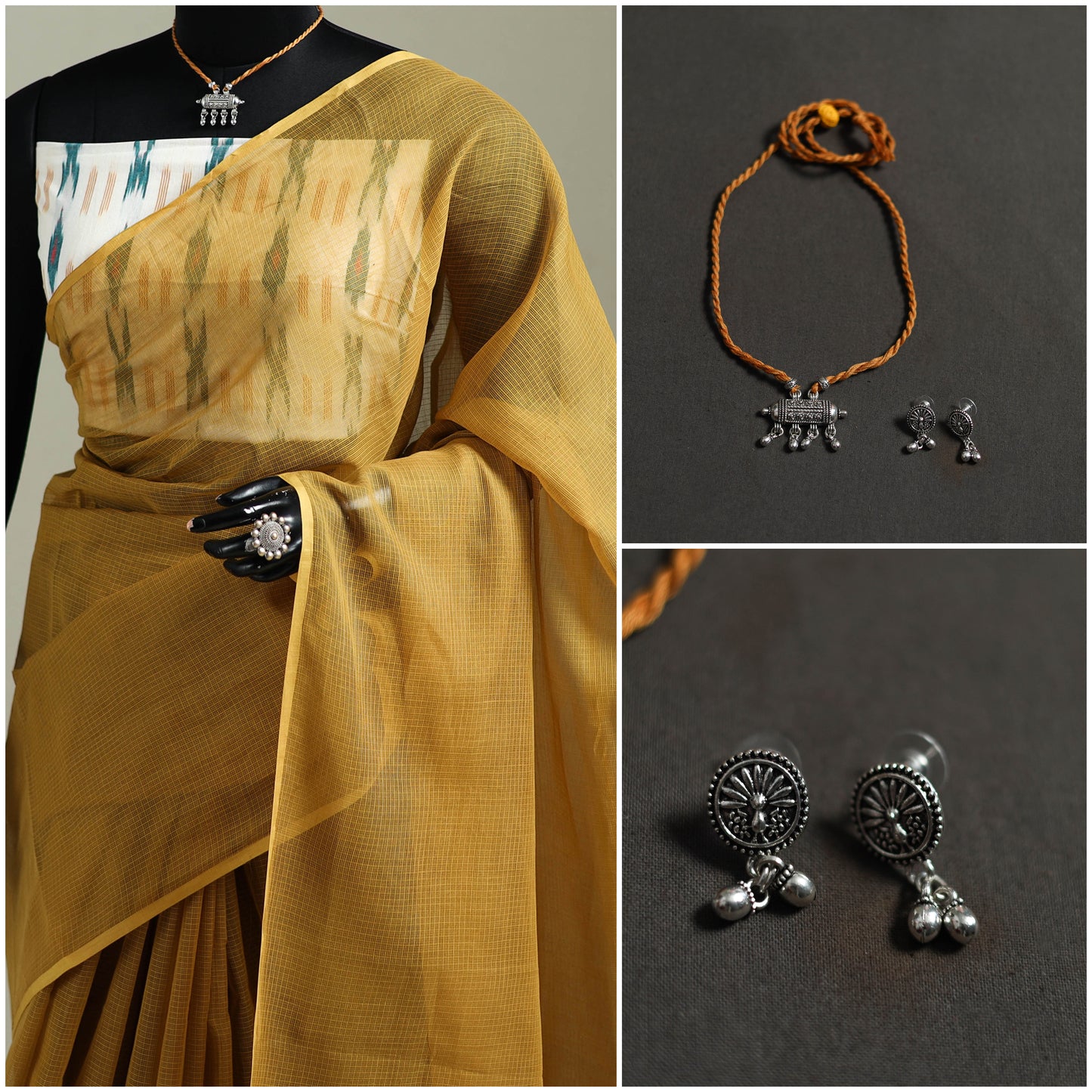 Yellow - Nazaakat Kota Doria Cotton Plain Saree with Blouse & Jewellery Set 184