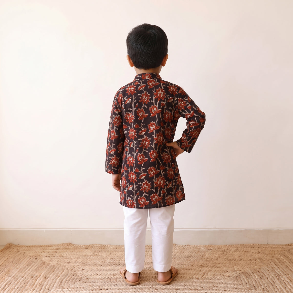 Black - kids pure cotton kurta in bagru block prints (3-4