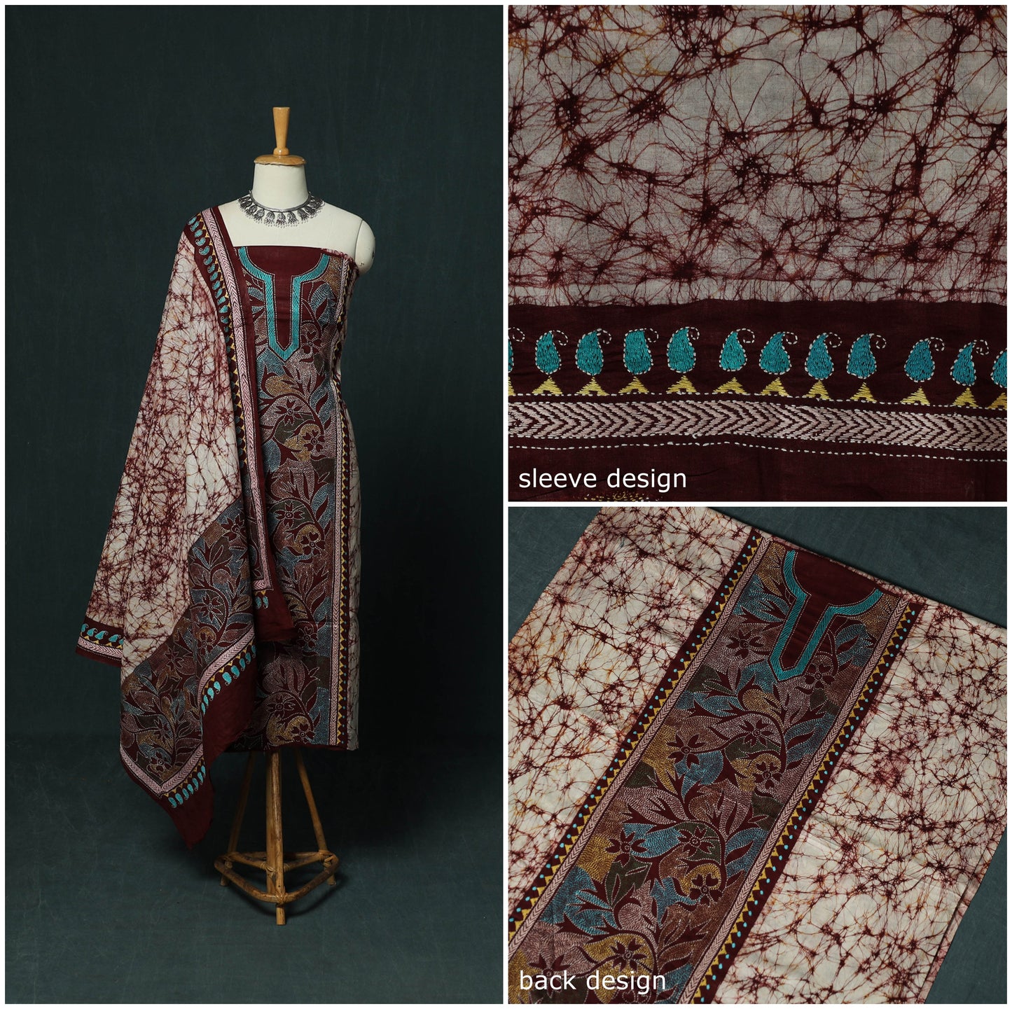 Bengal Kantha Work Cotton 3pc Unstitched Batik Print Dress Material Suit Set 18