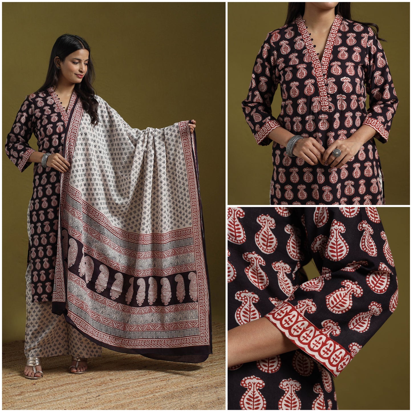 Natural Dyed Hand Block Bagh Print Cotton Suit Set with Dupatta for Women 09