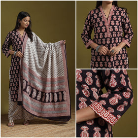 Natural Dyed Hand Block Bagh Print Cotton Suit Set with Dupatta for Women 09