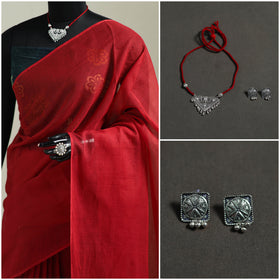 Red - Nazaakat Kota Doria Cotton Plain Saree with Blouse & Jewellery Set 155