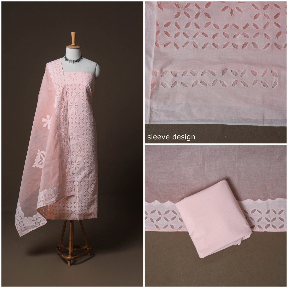 Applique Cutwork Cotton Unstitched Dress Material: Kurta, Bottom & Dupatta 22