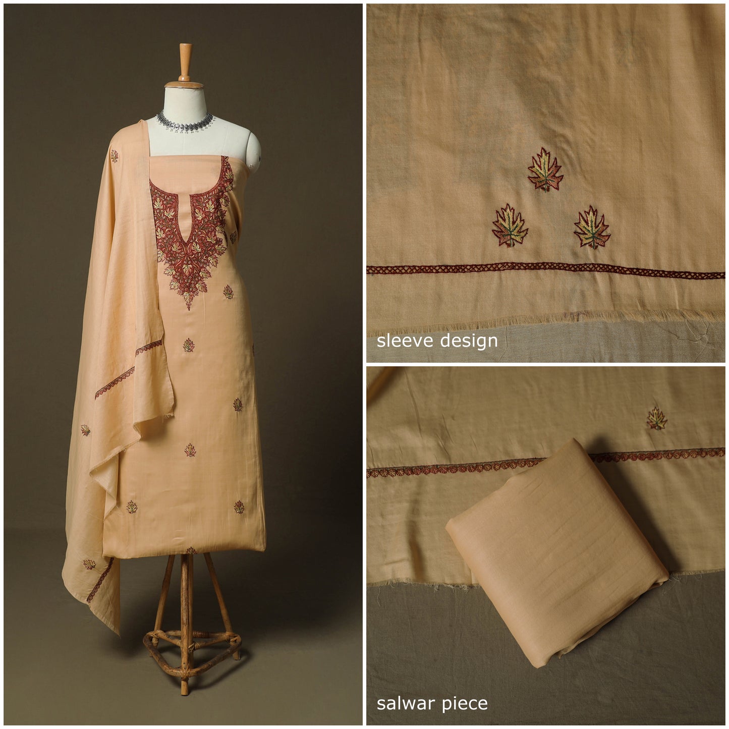Beige - Sozni Hand Embroidery Pure Silk 3pc Unstitched Dress Material Suit Set 32