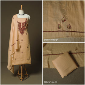 Beige - Sozni Hand Embroidery Pure Silk 3pc Unstitched Dress Material Suit Set 32