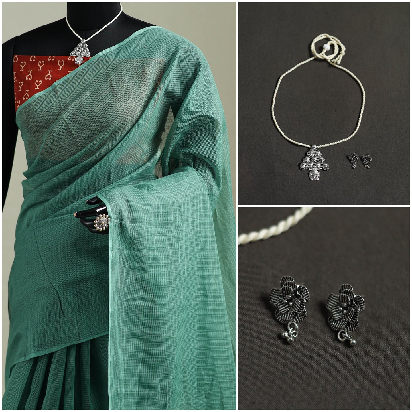 Green - Nazaakat Kota Doria Cotton Plain Saree with Blouse & Jewellery Set 22
