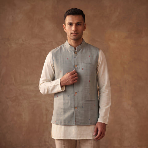 Handwoven Cotton Nehru Jacket for Men in Jamdani Buti of Srikakulam 07