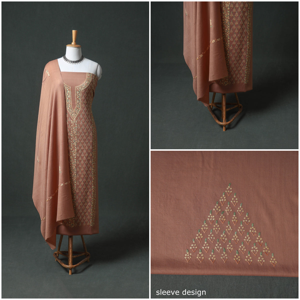 Kashmiri Aari Hand Embroidered Pure Merino Wool Unstitched Dress Material: Kurta, Bottom with Dupatta 22