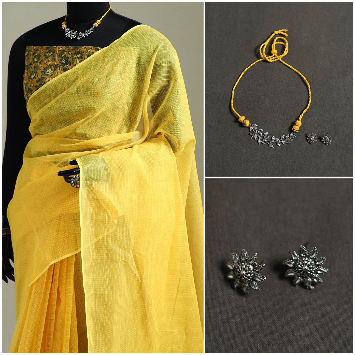 Yellow - Nazaakat Kota Doria Cotton Plain Saree with Blouse & Jewellery Set 50