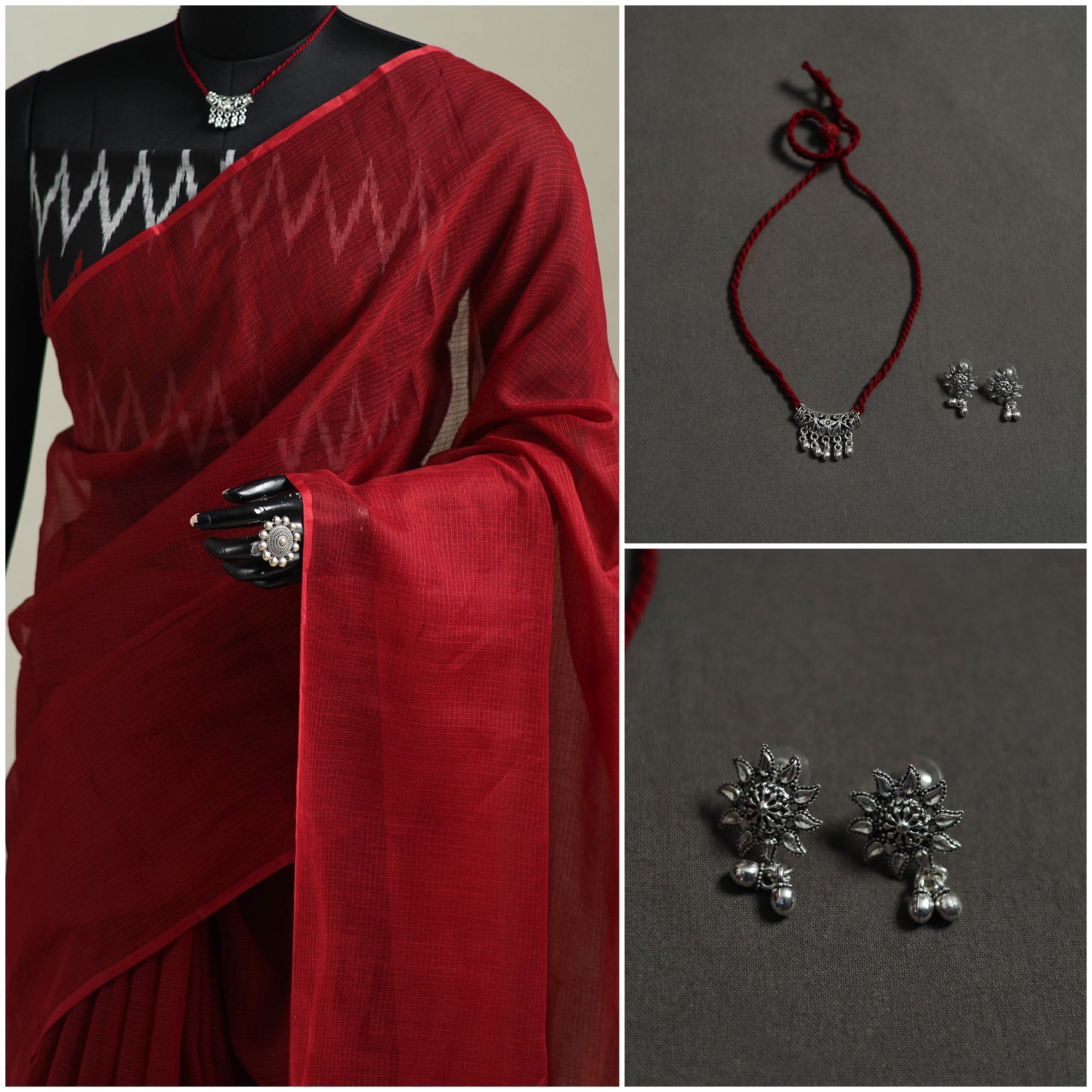 Red - Nazaakat Kota Doria Cotton Plain Saree with Blouse & Jewellery Set 156
