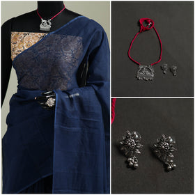 Blue - Nazaakat Kota Doria Cotton Plain Saree with Blouse & Jewellery Set 185