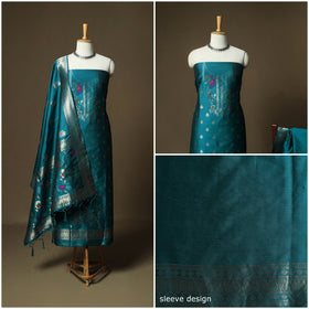 Green - Bangalore Silk Paithani Weave 3pc Unstitched Dress Material Suit Set 23