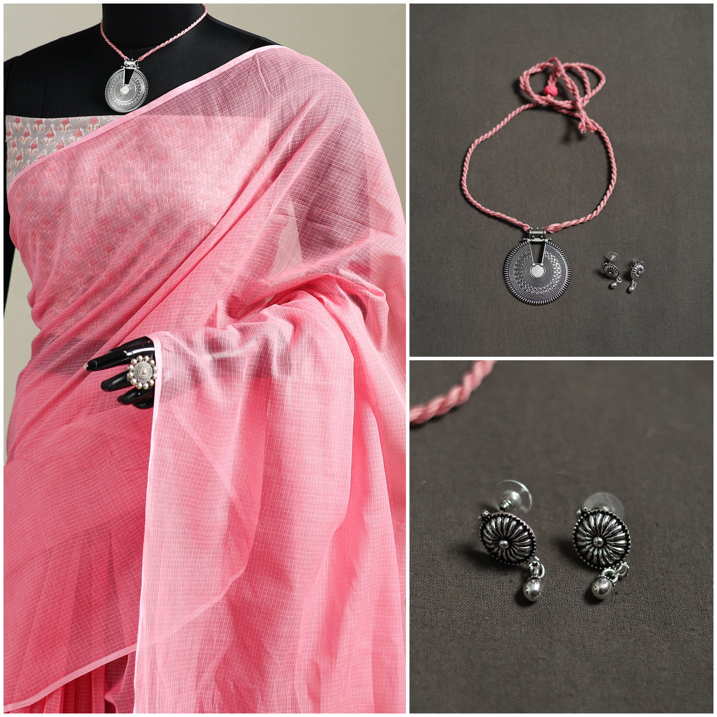 Pink - Nazaakat Kota Doria Cotton Plain Saree with Blouse & Jewellery Set 116