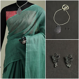 Green - Nazaakat Kota Doria Cotton Plain Saree with Blouse & Jewellery Set 23
