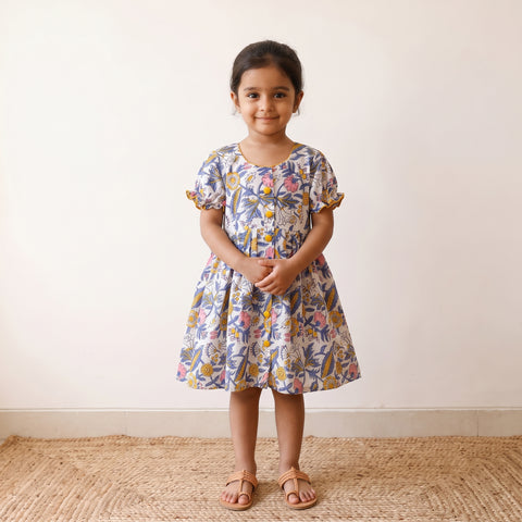 Multicolor - Pure Cotton Girls Frock Dress in Sanganeri Floral Prints (3-4 Years) 09