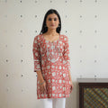 Red Block Printed Cotton Gota Work Short Bagru Kurta