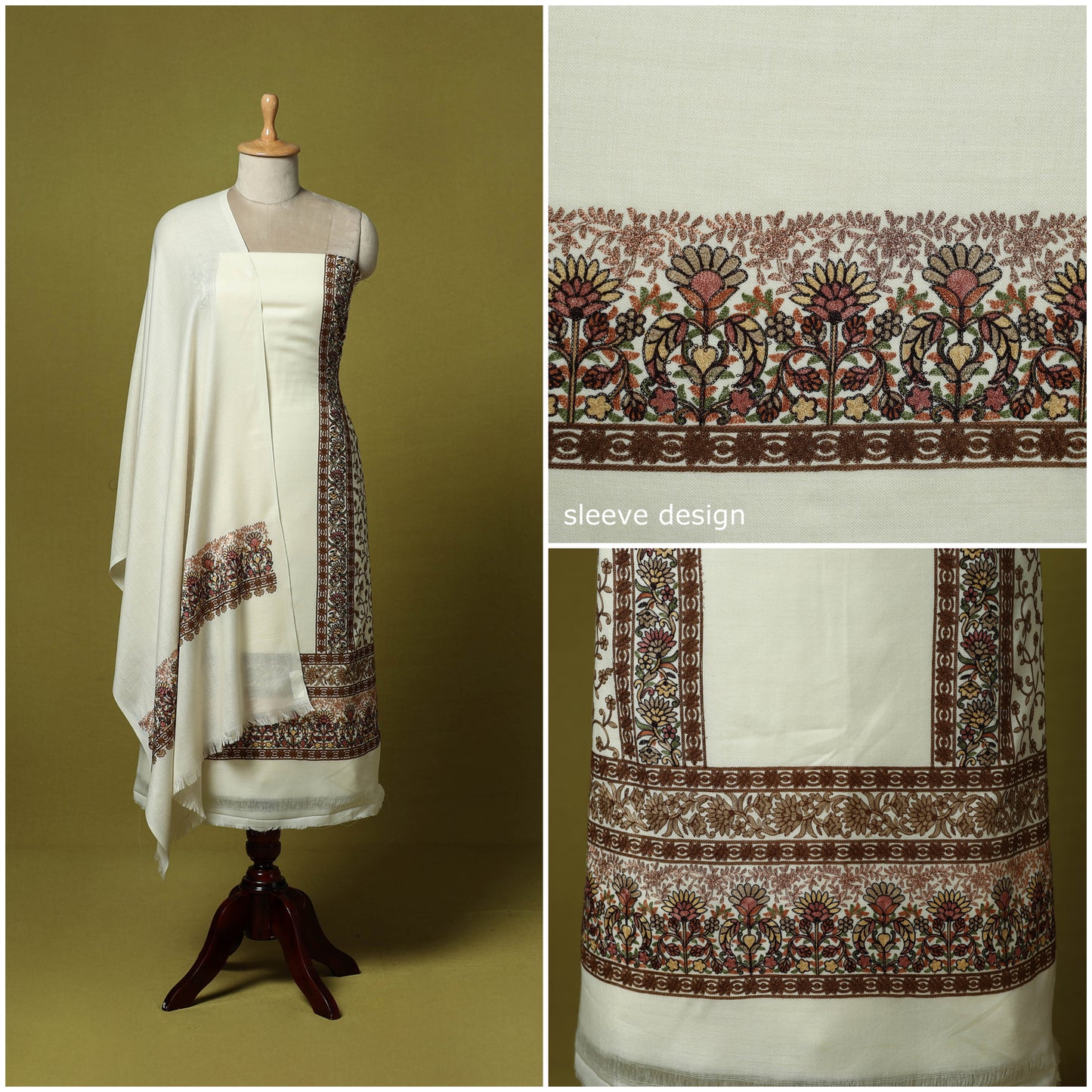 White - 3pc Heavy Chain Stitch Embroidered Merino Wool Unstitched Dress Material 33