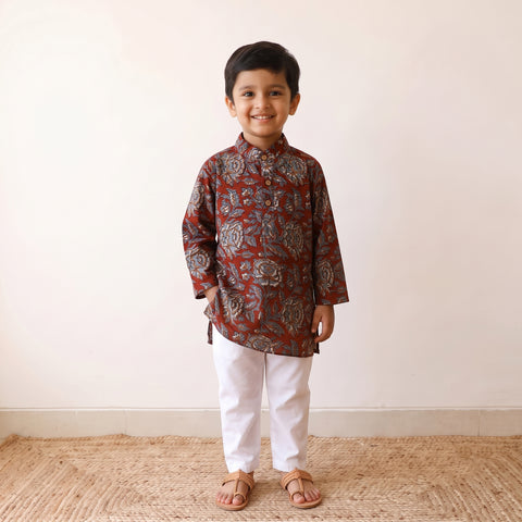 Red - Kids Pure Cotton  Kurta in Bagru Block Prints (3-4 Years) 85