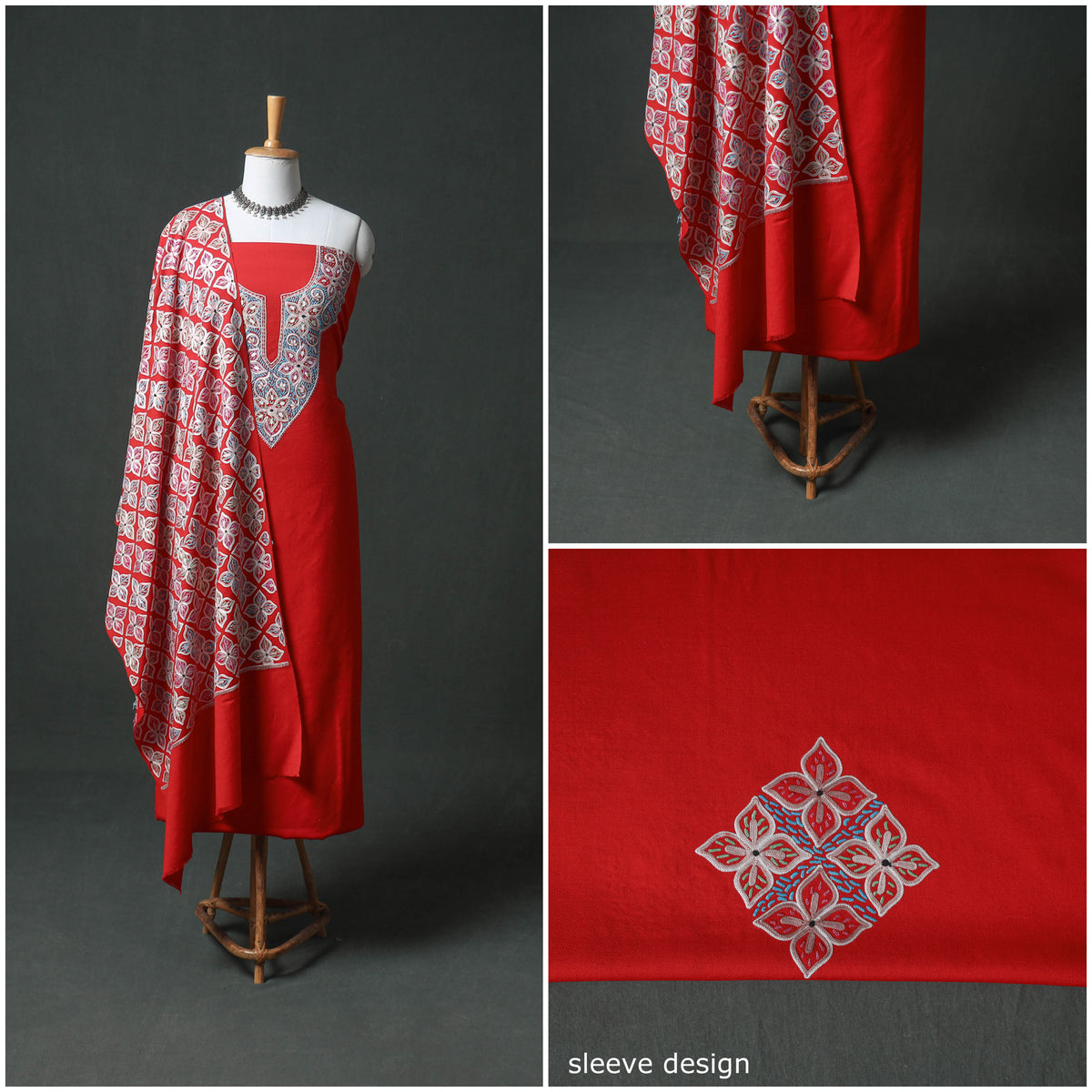 Kashmiri Aari Hand Embroidered Pure Merino Wool Unstitched Dress Material: Kurta, Bottom with Dupatta 23