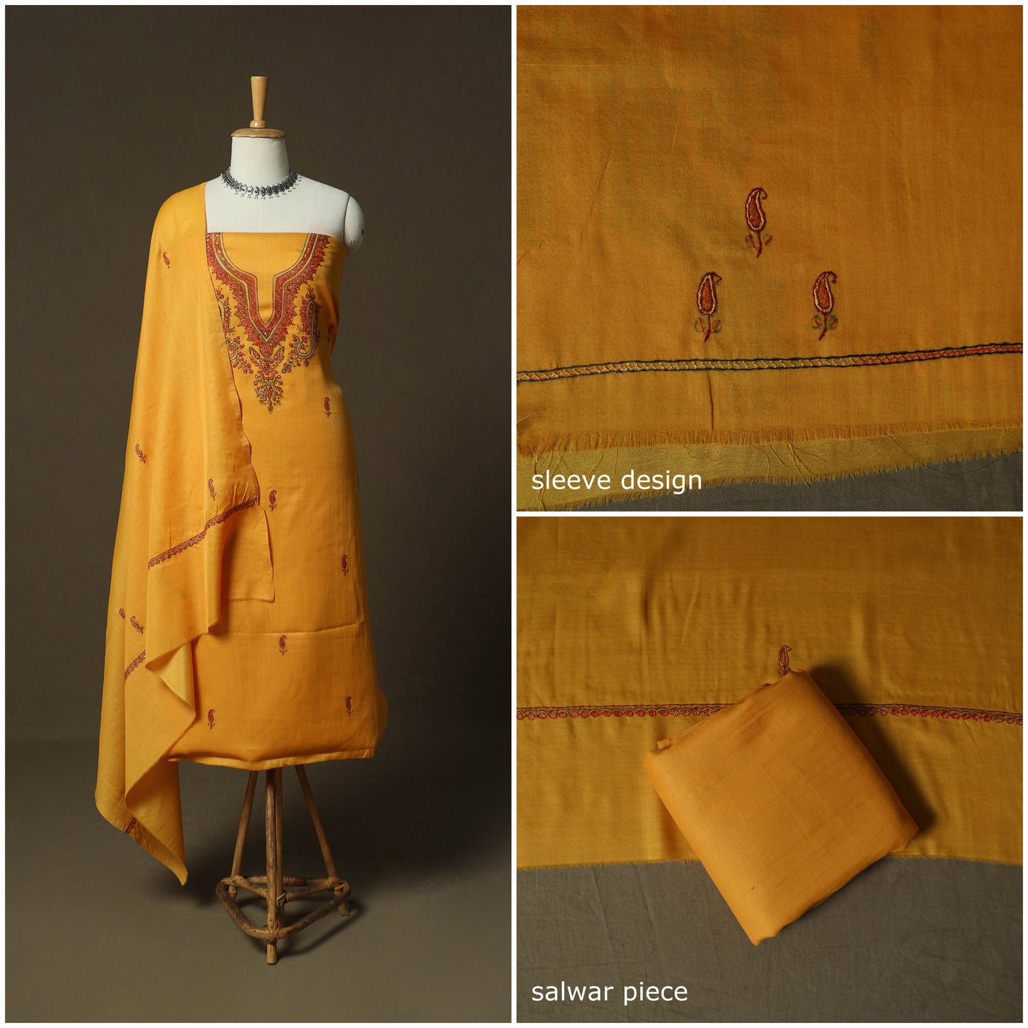 Yellow - Sozni Hand Embroidery Pure Silk 3pc Unstitched Dress Material Suit Set 28