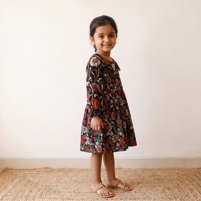 Black - pure cotton girls frock dress in kalamkari prints