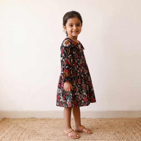 Black - Pure Cotton Girls Frock Dress in Kalamkari Prints (3-4 Years) 32