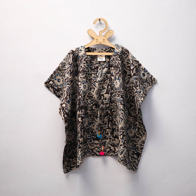 Black Kalamkari Block Print Cotton Kids Kaftan (3-4 Years)