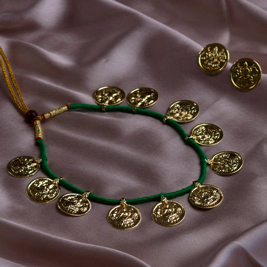 Mahalaxmi Coin Embedded Necklace Set With Green Dori