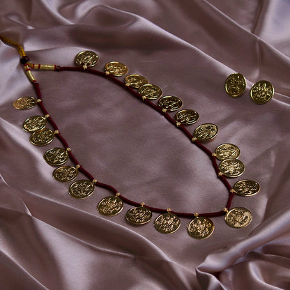 Mahalaxmi Coin Embedded Thushi Necklace With Red Dori