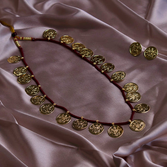 Mahalaxmi Coin Embedded Thushi Necklace Set With Red Dori