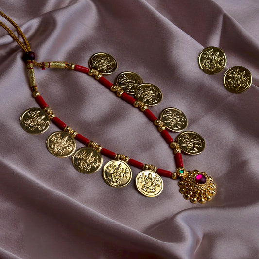 Powala Necklace with Mahalaxmi Coin and Pendant