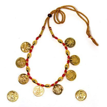 Red and Golden Mani Mahalaxmi Coin Embedded Powala Necklace