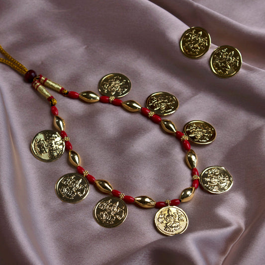 Red and Golden Mani Mahalaxmi Coin Embedded Powala Necklace