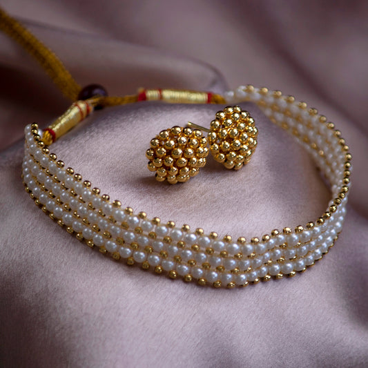Shining Jewel Multistrand Traditional Pearl Choker Necklace Set