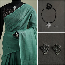 Green - Nazaakat Kota Doria Cotton Plain Saree with Blouse & Jewellery Set 24