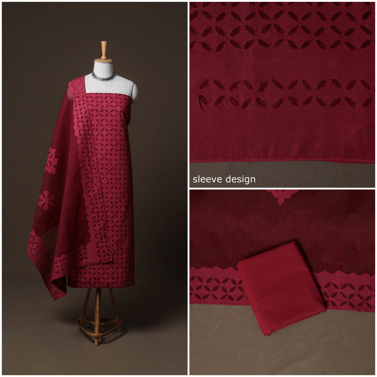 Applique Cutwork Cotton Unstitched Dress Material: Kurta, Bottom & Dupatta 23