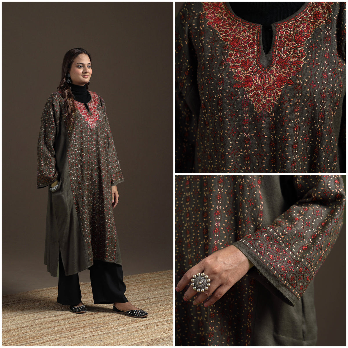 Kashmiri Heavy Sozni Hand Embroidered Handwoven Merino Wool Pheran 23