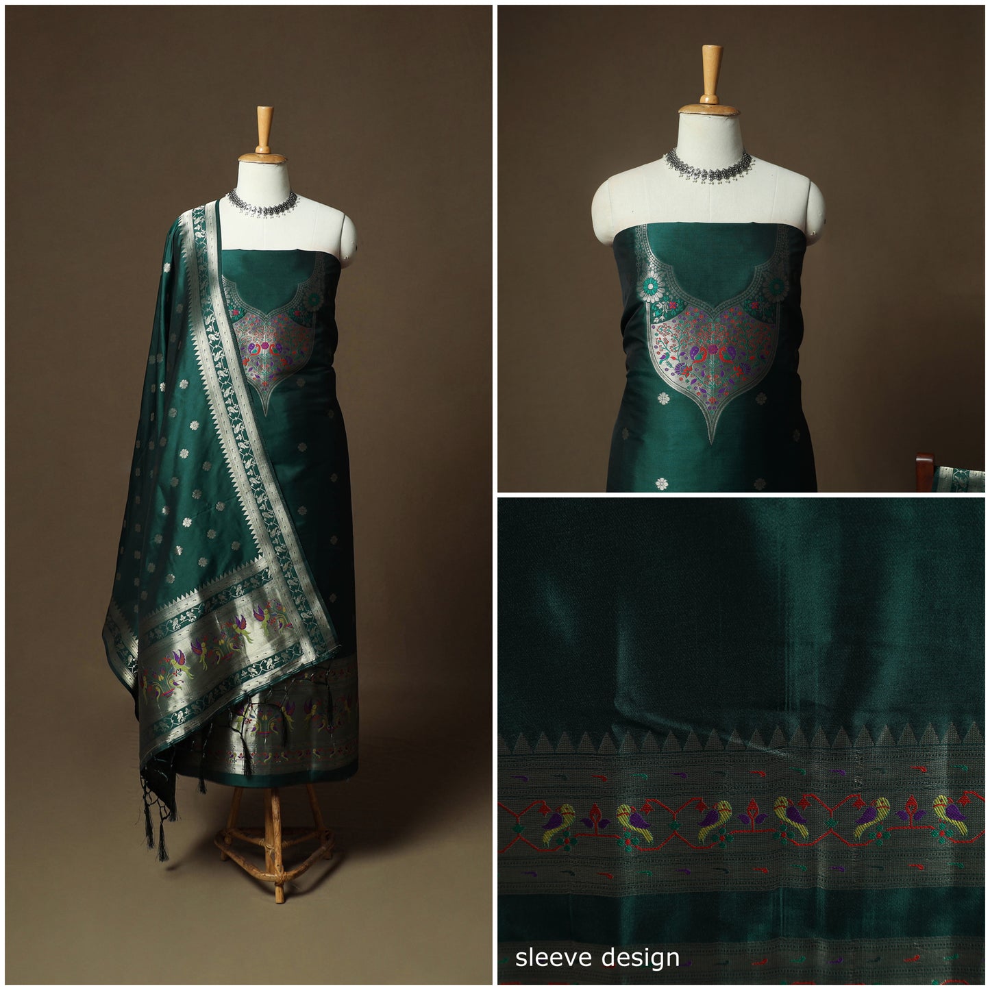 Green - Bangalore Silk Paithani Weave 3pc Unstitched Dress Material Suit Set 24