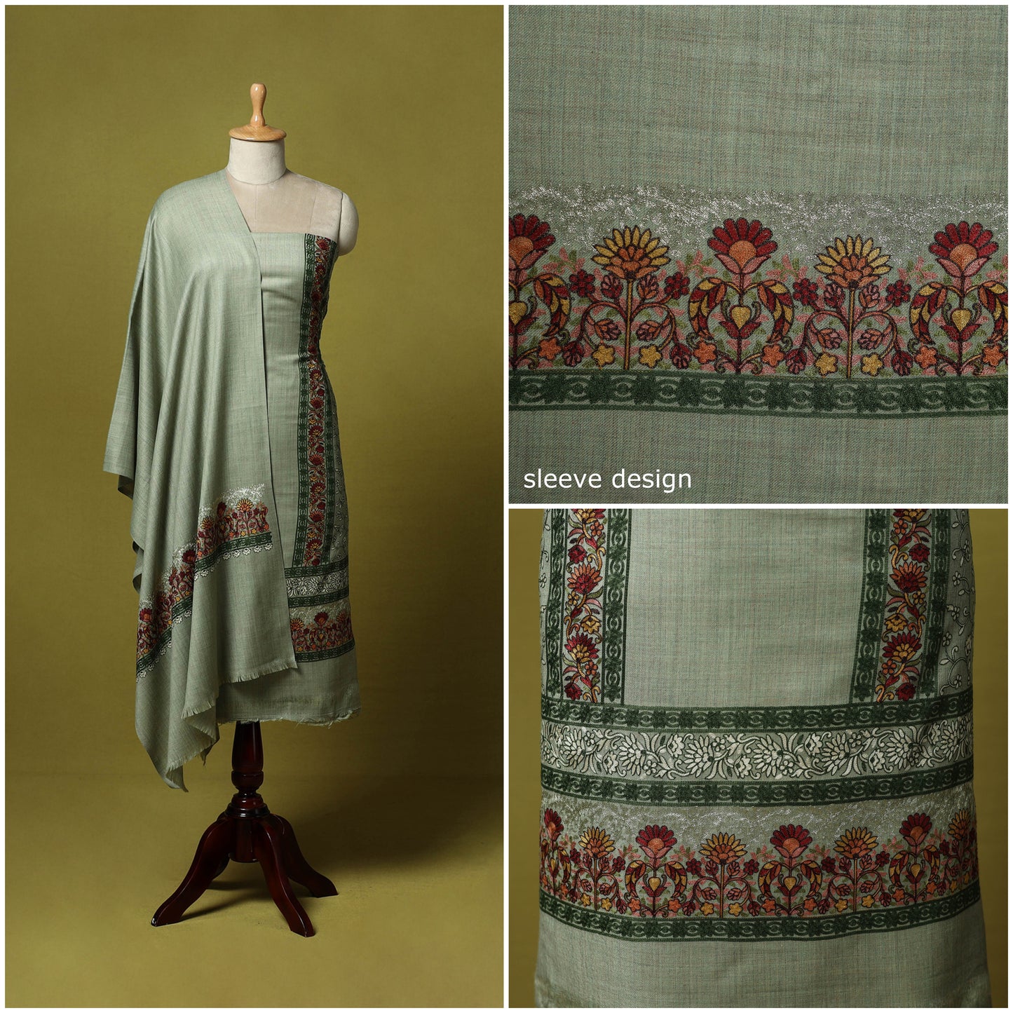 Green - 3pc Heavy Chain Stitch Embroidered Merino Wool Unstitched Dress Material 34