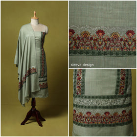 Green - 3pc Heavy Chain Stitch Embroidered Merino Wool Unstitched Dress Material 34