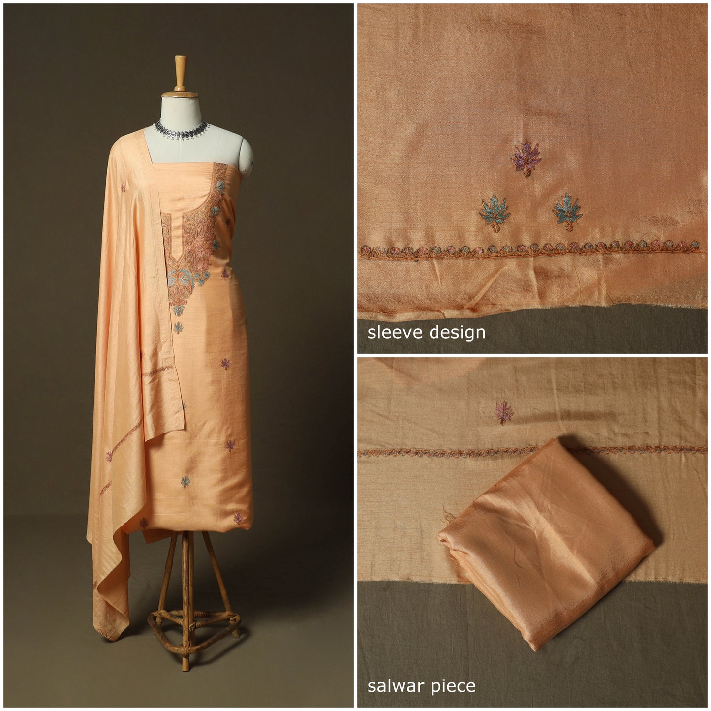 Peach - Sozni Hand Embroidery Pure Silk 3pc Unstitched Dress Material Suit Set 34