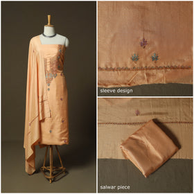 Peach - Sozni Hand Embroidery Pure Silk 3pc Unstitched Dress Material Suit Set 34