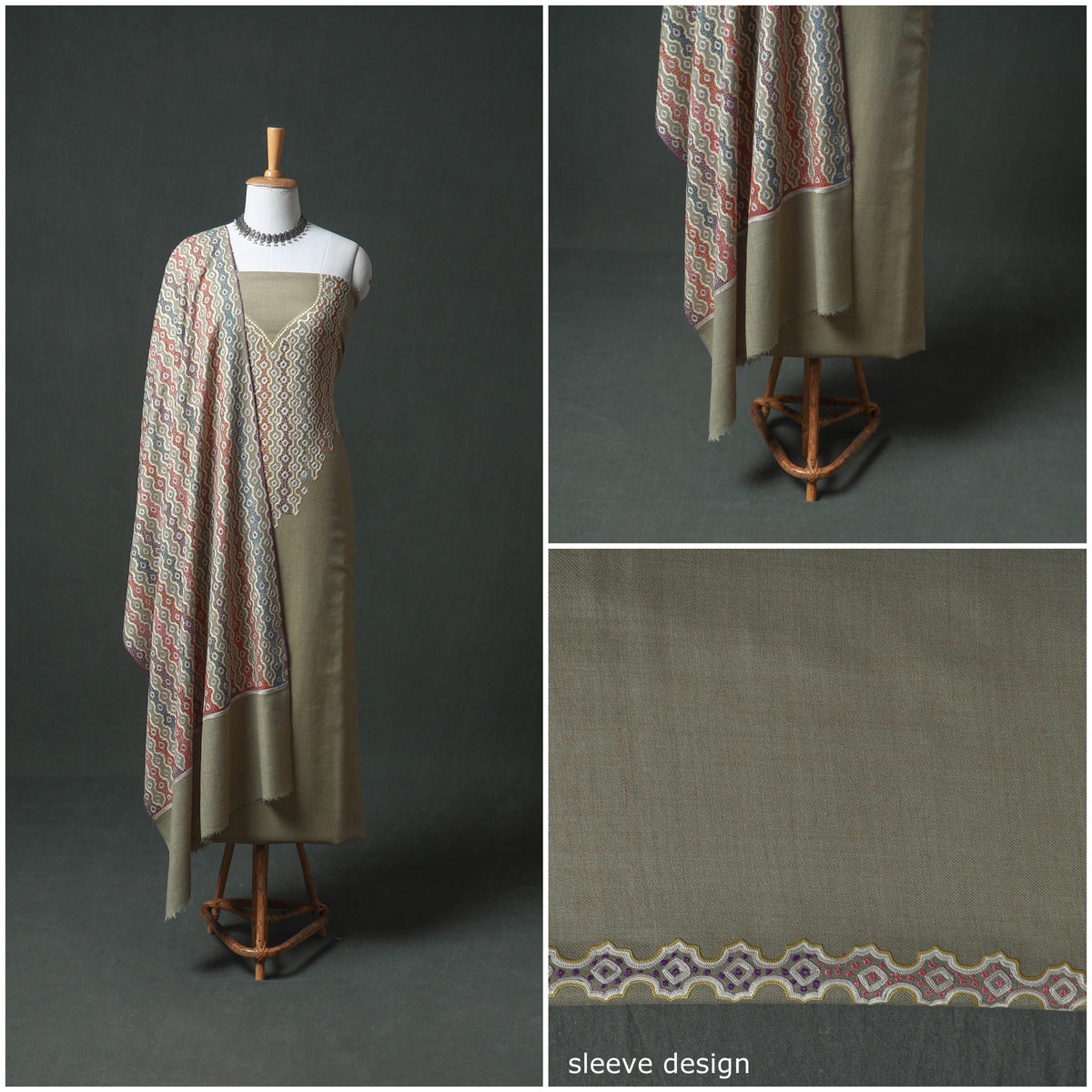 Kashmiri Aari Hand Embroidered Pure Merino Wool Unstitched Dress Material: Kurta, Bottom with Dupatta 24