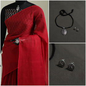 Red - Nazaakat Kota Doria Cotton Plain Saree with Blouse & Jewellery Set 186