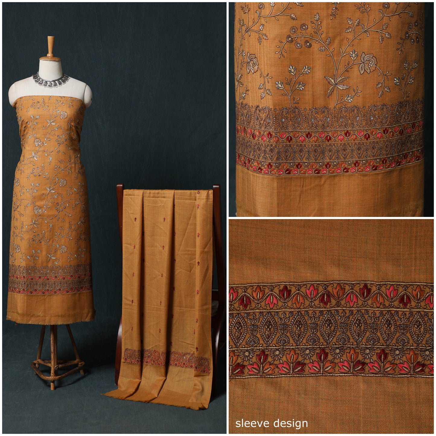 3pc Heavy Embroidered Wool Unstitched Dress Material Suit Set 15