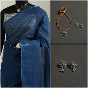 Blue - Nazaakat Kota Doria Cotton Plain Saree with Blouse & Jewellery Set 157