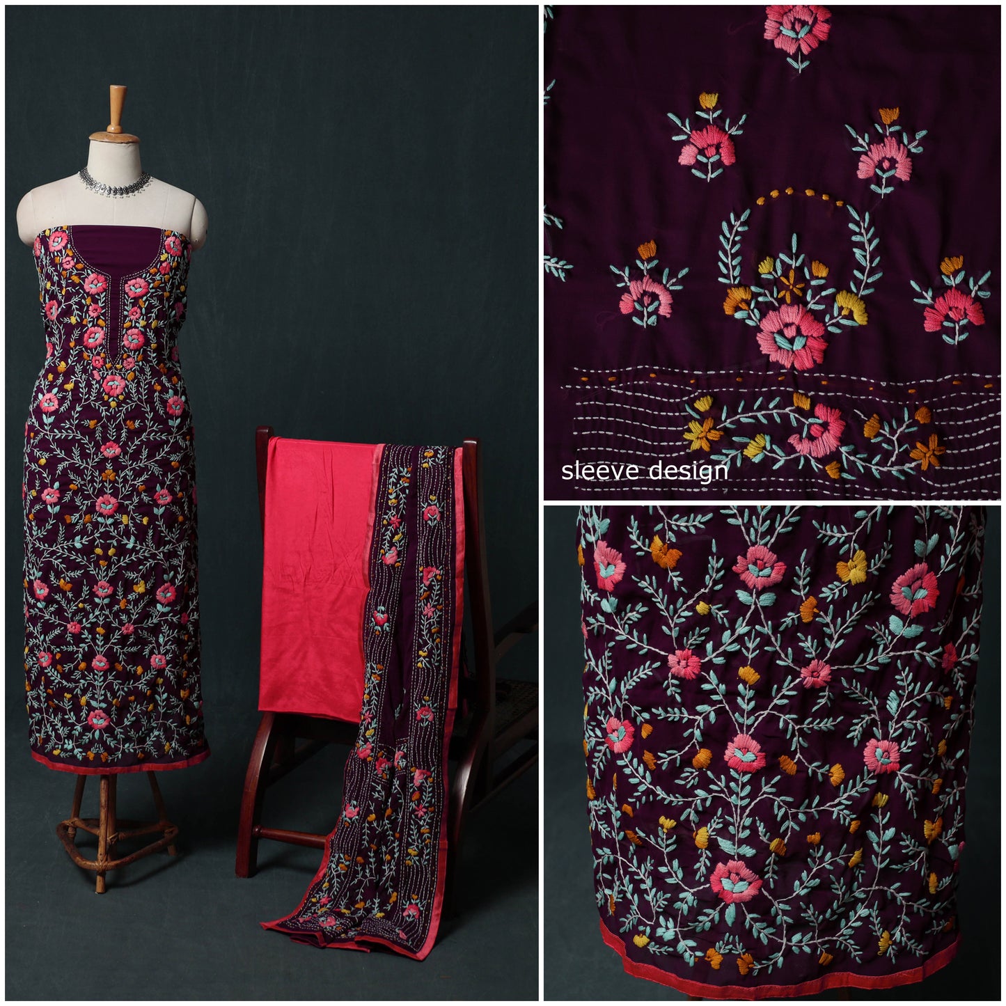 Hand Embroidered Georgette 3pc Unstitched Dress Material Suit Set 42