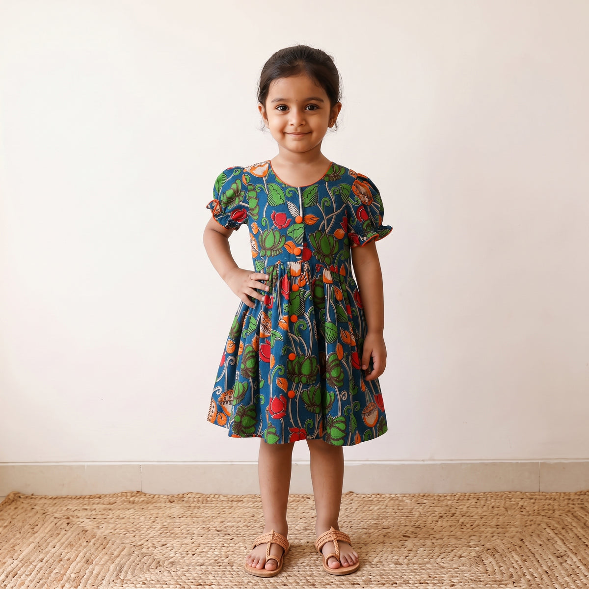 Green - pure cotton girls frock dress in kalamkari prints