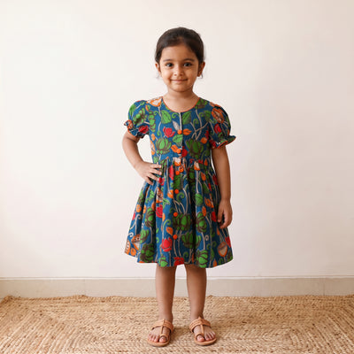 Green - pure cotton girls frock dress in kalamkari prints