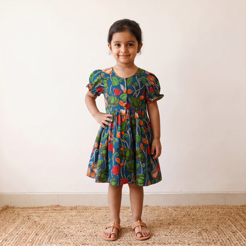 Green - Pure Cotton Girls Frock Dress in Kalamkari Prints (3-4 Years) 33